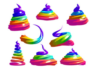 Unicorn rainbow meringue cartoon set. Abstract colorful gel swirled drops. Realistic 3d dessert cream isolated on white. Colorful gradient mousse foam. 