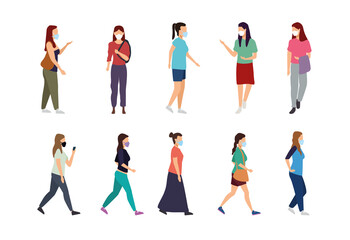 group of women wearing medical masks characters