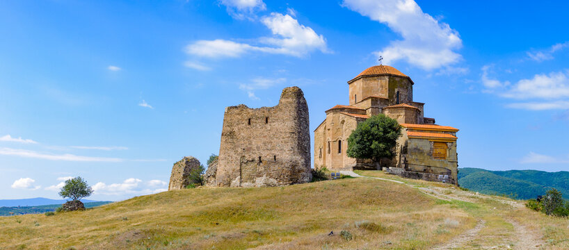 It's Beautiful nature and Jvari Monastery, Georgian Orthodox monastery of the 6th century on the mountain hill ove the old town of Mtskheta (UNESCO World Heritage site)