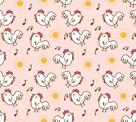 Cartoon chicken singing in the morning seamless pattern 