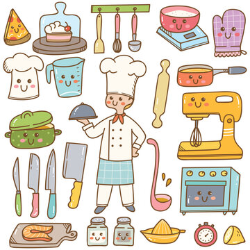 Cartoon Chef With Cooking Equipment Kawaii Doodle