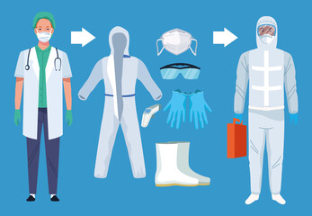 doctors with biosafety equipment elements for covid19 protection