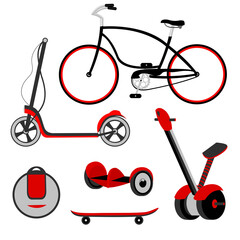 bicycle. scooter. self-balancing scooter. skateboard. monocycle. electric transport. sports transport. vector. set © Olga Tik
