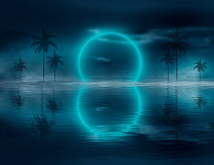 Futuristic night landscape with abstract landscape and island, moonlight, shine. Dark natural scene with reflection of light in the water, neon blue light.  3d illustration