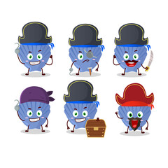 Cartoon character of blue shell with various pirates emoticons