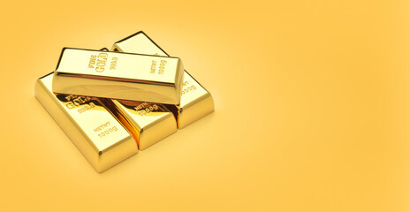 Gold bullion stack on yellow background with copy space.