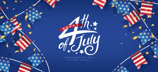 Independence day USA banner template american flags Garlands decor.4th of July celebration poster template.fourth of july calligraphy vector illustration . - obrazy, fototapety, plakaty