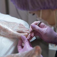 Obraz na płótnie Canvas A pedicurist is processing toenails. The hands in the pink gloves. Salon pedicure. Pedicurist using pusher.
