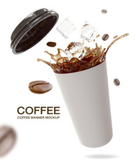 coffee with ice splash banner mock up 3d render isolate on white background.