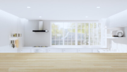 kitchen interior background with counter or table. Decoration top surface by wood texture. Include blur of window, gas stove and cooker hood with empty or copy space for mockup or product display.