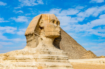 It's Great Sphinx of Giza, a limestone statue of a mythical creature with a lion's body and a human head), Giza Plateau, West Bank of the Nile, Giza, Egypt
