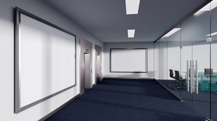 Fototapeta premium Side view with elevator and meeting room 3D rendering