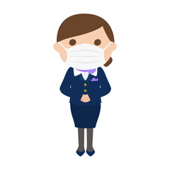 感染予防の為にマスクをしてる若い女性客室乗務員のイラスト。