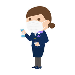 感染予防にマスクをしてる女性客室乗務員。消毒スプレーとタオルを持っている女性のイラスト。