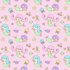 Cute little mermaid in swimming action with small sea creatures hand drawn cartoon design seamless pattern, Mermaid cartoon illustration wallpaper and background.