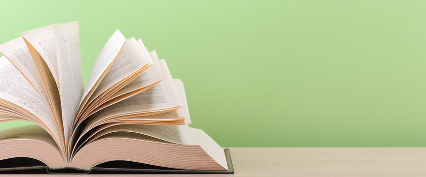 The book is open, lying on the table, sheets fanned out on a green background.