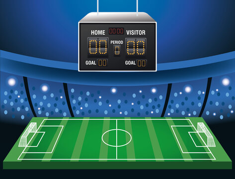 soccer cup tournament poster with scoreboard in stadium