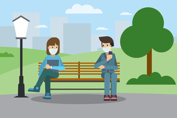 Couple sitting on bench in park with mask and physical distance during pandemia. Stock vector illustration.