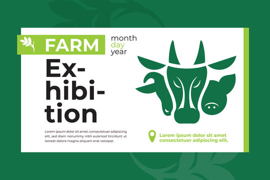 Banner with farm animals icon for exhibition. Design for agricultural fair, livestock business, conference or forum. Vector illustration with logo of cow, pig and ram. Template for flyer, advert, web