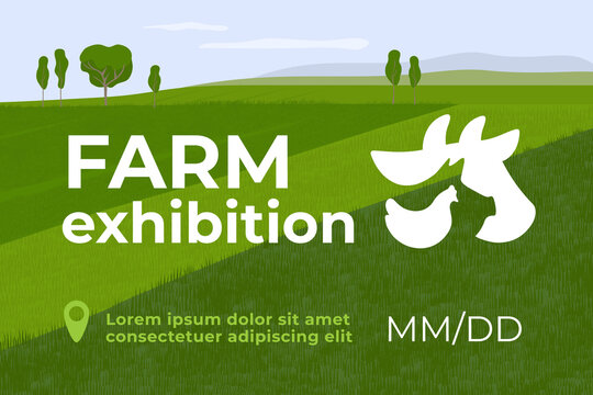 Design for farming exhibition. Banner for farm animals business, livestock company, conference or  forum. Vector illustration with sign of cow, pig and chicken. Template for flyer, advert, banner, web