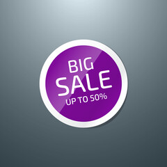 Vector round purple paper sticker - big sale - 50% off - discount, special offer, tag, badge, button