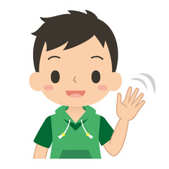 笑顔で手を振って挨拶する男の子