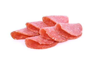 Salami smoked sausage slices isolated on white background