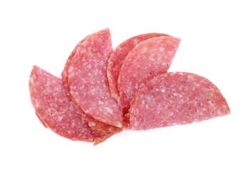 Salami smoked sausage slices isolated on white background