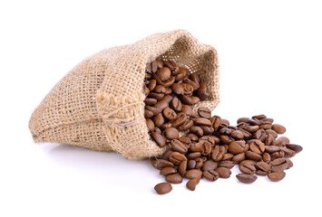 Coffee beans in sack bag isolated on white background