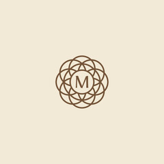 Hipster monogram M letters initials, boutique M logo floral fame wedding invitation emblem mockup.