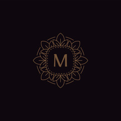 Hipster monogram M letters initials, boutique M logo floral fame wedding invitation emblem mockup.