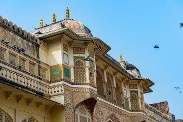 Obraz premium It's Walls of the Amer Fort (Amber Fort and Amber Palace), a town near Jaipur, Rajasthan state, India. UNESCO World Heritage Site as part of the group Hill Forts of Rajasthan.