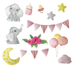 Water color elephant baby shower birthday clip art set