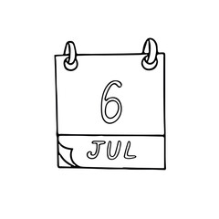 calendar hand drawn in doodle style. July 6. World Kiss Day, date. icon, sticker, element, design. planning, business holiday