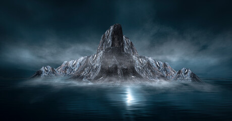 Futuristic night landscape with abstract landscape and island, moonlight, shine. Dark natural scene with reflection of light in the water, neon blue light.  3d illustration