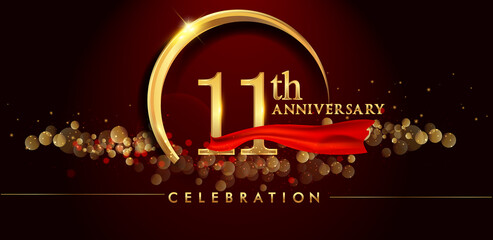 11th anniversary logo with golden ring, confetti and red ribbon isolated on elegant black background, sparkle, vector design for greeting card and invitation card