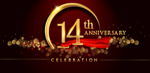 14th anniversary logo with golden ring, confetti and red ribbon isolated on elegant black background, sparkle, vector design for greeting card and invitation card