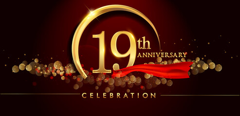 19th anniversary logo with golden ring, confetti and red ribbon isolated on elegant black background, sparkle, vector design for greeting card and invitation card