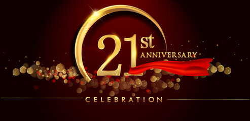 21st anniversary logo with golden ring, confetti and red ribbon isolated on elegant black background, sparkle, vector design for greeting card and invitation card