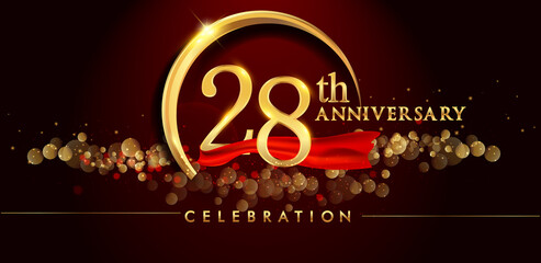 28th anniversary logo with golden ring, confetti and red ribbon isolated on elegant black background, sparkle, vector design for greeting card and invitation card