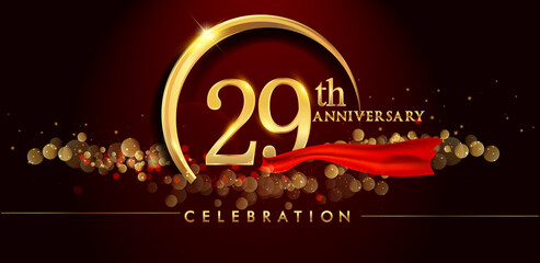29th anniversary logo with golden ring, confetti and red ribbon isolated on elegant black background, sparkle, vector design for greeting card and invitation card