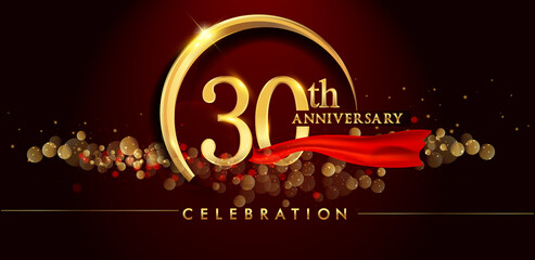 Naklejka premium 30th anniversary logo with golden ring, confetti and red ribbon isolated on elegant black background, sparkle, vector design for greeting card and invitation card