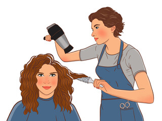 a woman hairdresser dries the hair of a girl with long red curly hair illustration in color