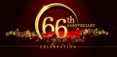 66th anniversary logo with golden ring, confetti and red ribbon isolated on elegant black background, sparkle, vector design for greeting card and invitation card