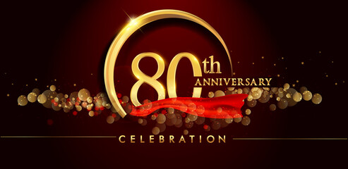 80th anniversary logo with golden ring, confetti and red ribbon isolated on elegant black background, sparkle, vector design for greeting card and invitation card