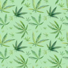 Watercolor cannabis leaves, seamless pattern on green background.  Medical marijuana. Hand drawn illustration.