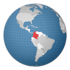 Globe centered to Colombia. Country highlighted with green color on world map. Satellite world projection. Creative vector illustration.