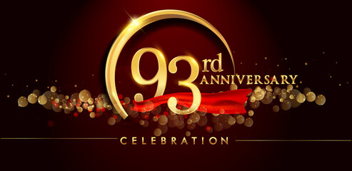 93rd anniversary logo with golden ring, confetti and red ribbon isolated on elegant black background, sparkle, vector design for greeting card and invitation card
