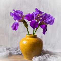 Purple irises in a yellow vase © IrinaBogach
