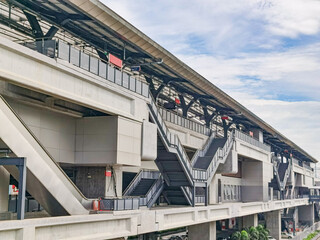 Architecture construction of elevator, escalator stairs and sky walk way, walk bridge between sky train station and department store mall